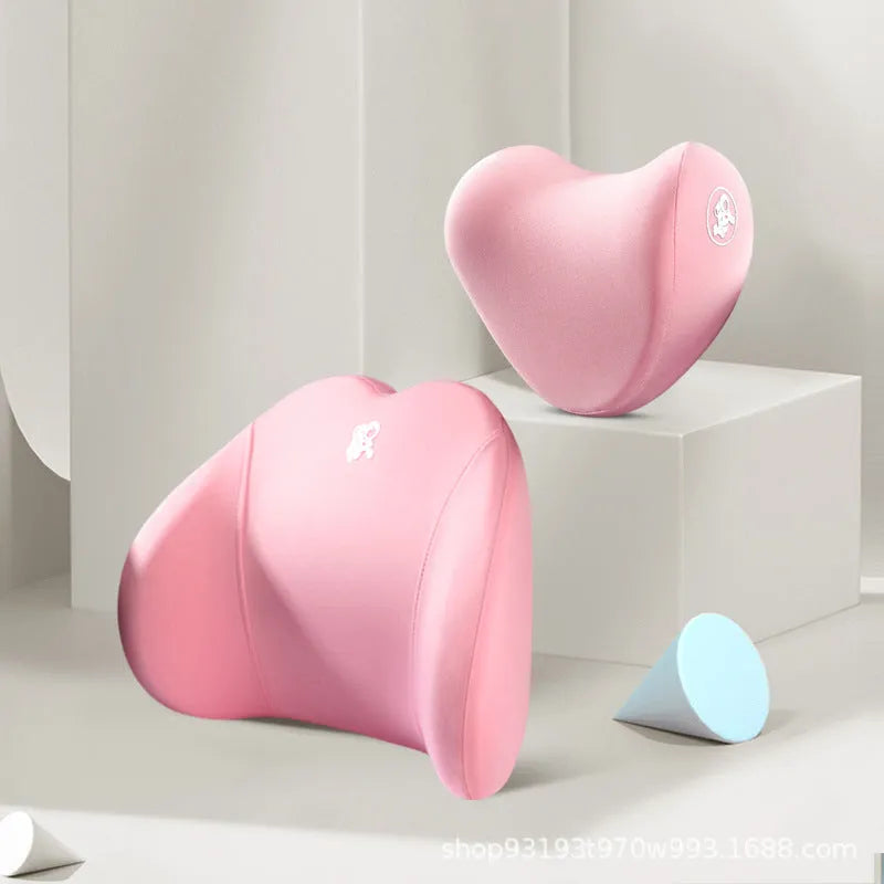 Heart-shaped memory foam car pillow set showing lumbar support and headrest pillow in grey colour with contrasting heart design