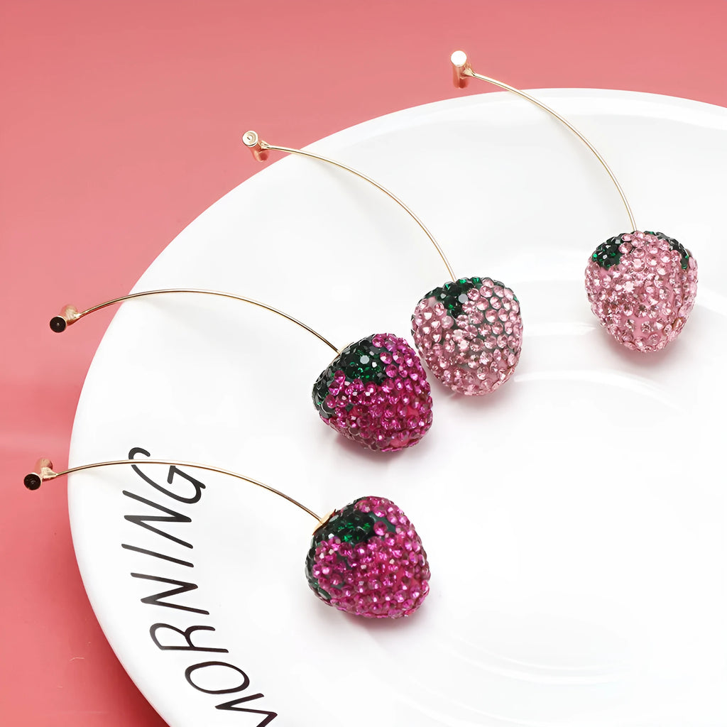 Red geometric strawberry-shaped stud earrings for women on a zinc alloy base.