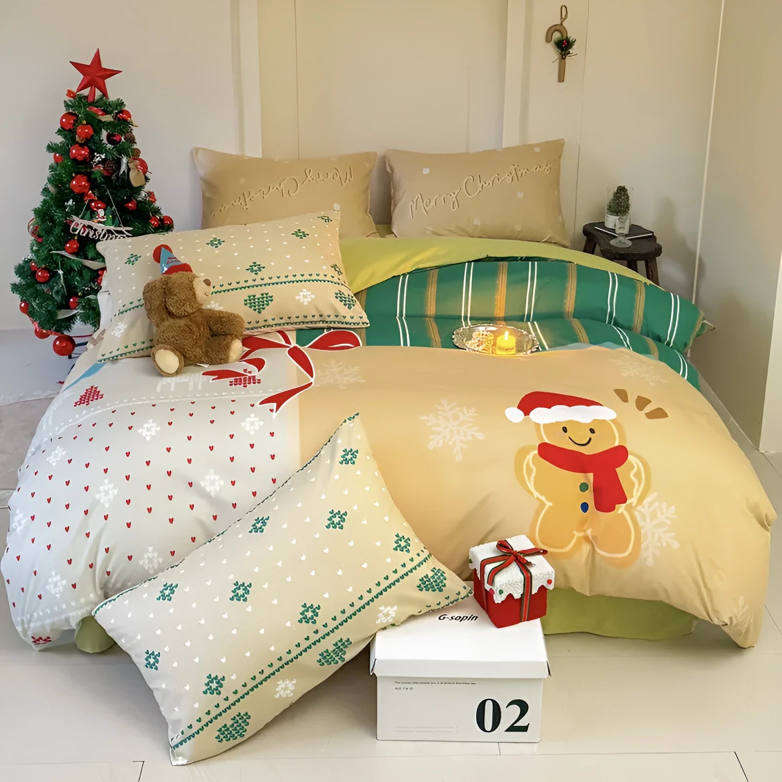 Christmas cartoon printed four-piece cotton bedding set showing duvet cover and pillowcases