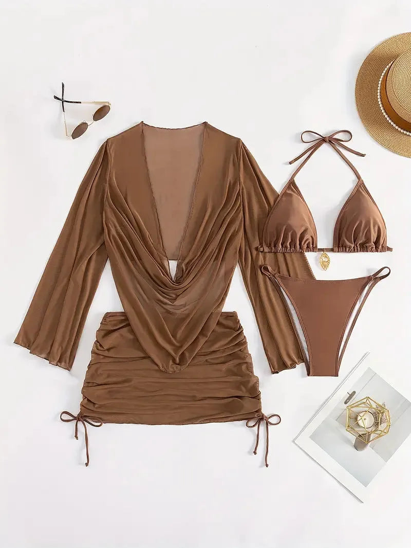 Women's dark brown lace-up bikini swimsuit, backless and sleeveless two-piece.