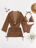 Women's dark brown lace-up bikini swimsuit, backless and sleeveless two-piece.