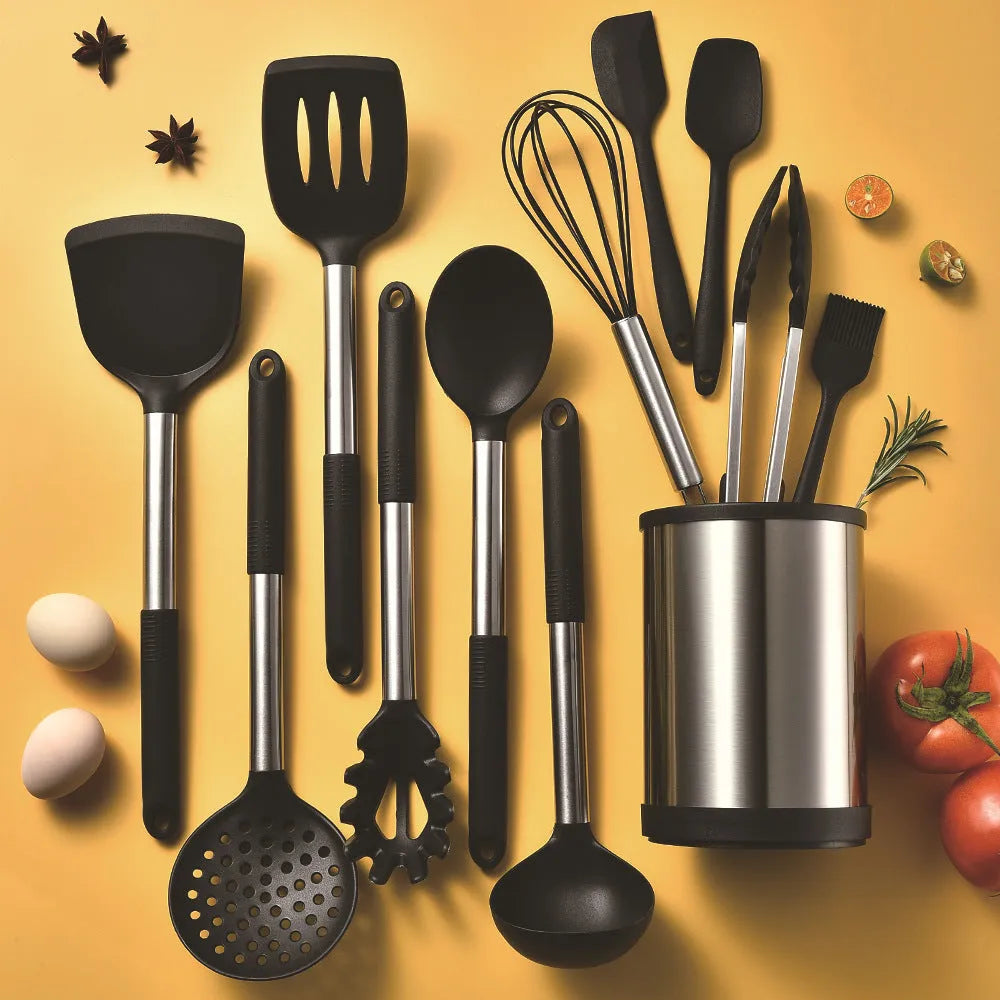 Silicone kitchen utensil set with twelve tools in a rotating storage bucket, colours include black, grey, and khaki.