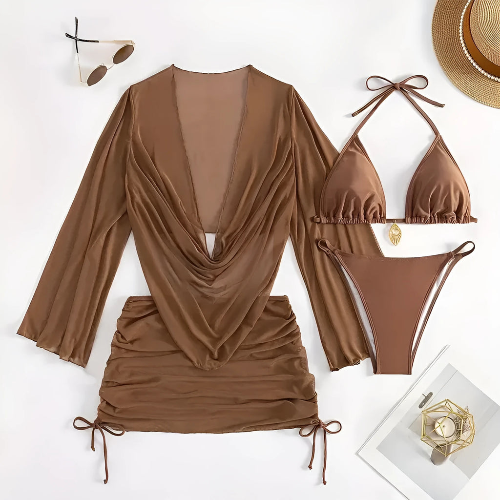 Women's dark brown lace-up bikini swimsuit, backless and sleeveless two-piece.