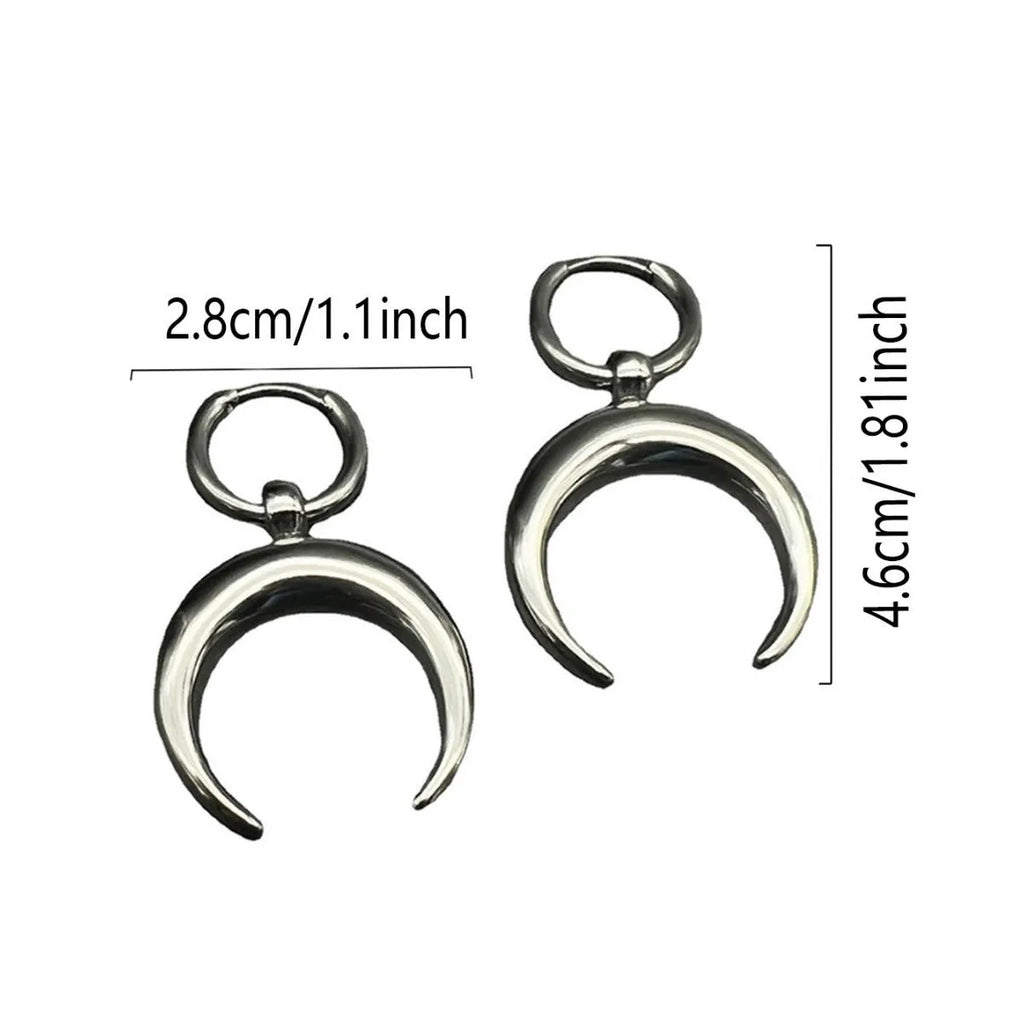Silver geometric hoop earrings with moon detail, clip-on vintage gothic punk jewellery
