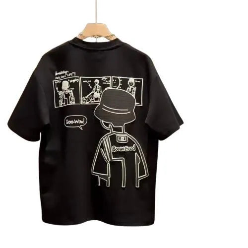 Men's slim fit cartoon print T-shirt in pure cotton fabric, shown in black colour with short sleeves