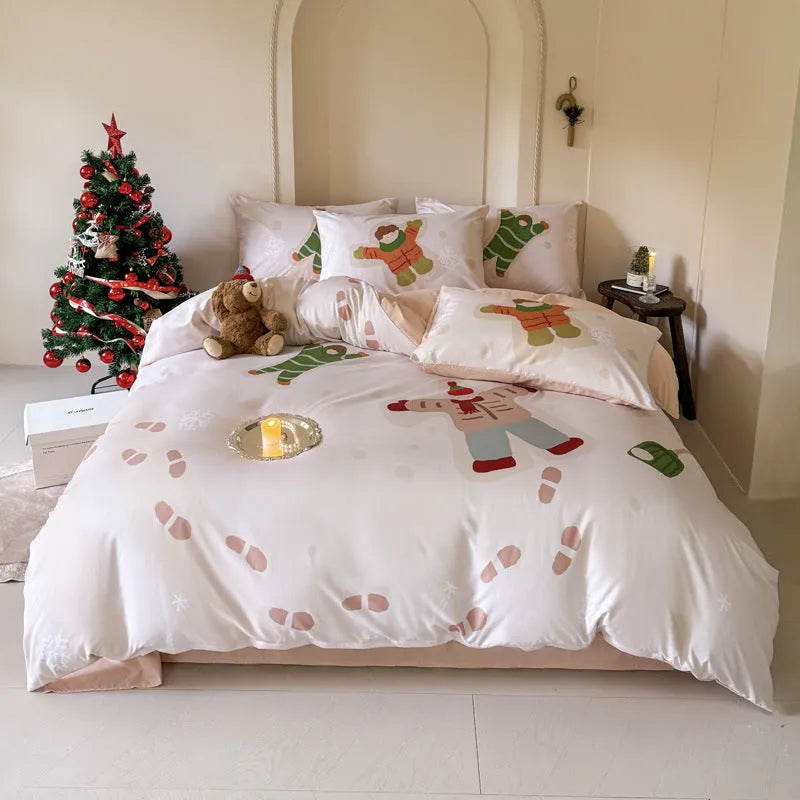 Christmas cartoon printed four-piece cotton bedding set showing duvet cover and pillowcases