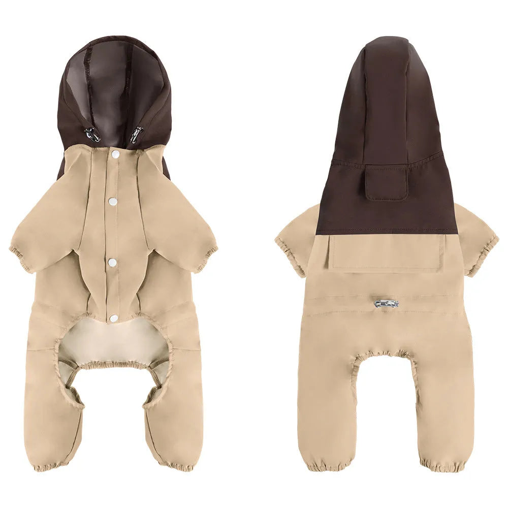 British style khaki polyester waterproof shell jacket on a small dog.