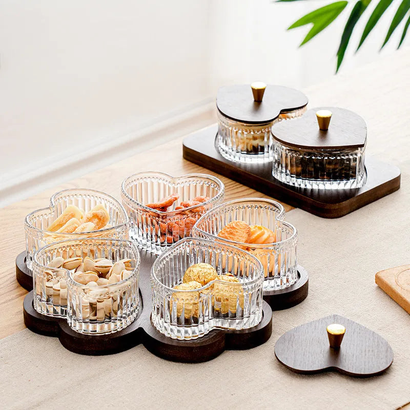 Transparent glass snack platter with heart-shaped lid showing 4-grid tray option in retro style.