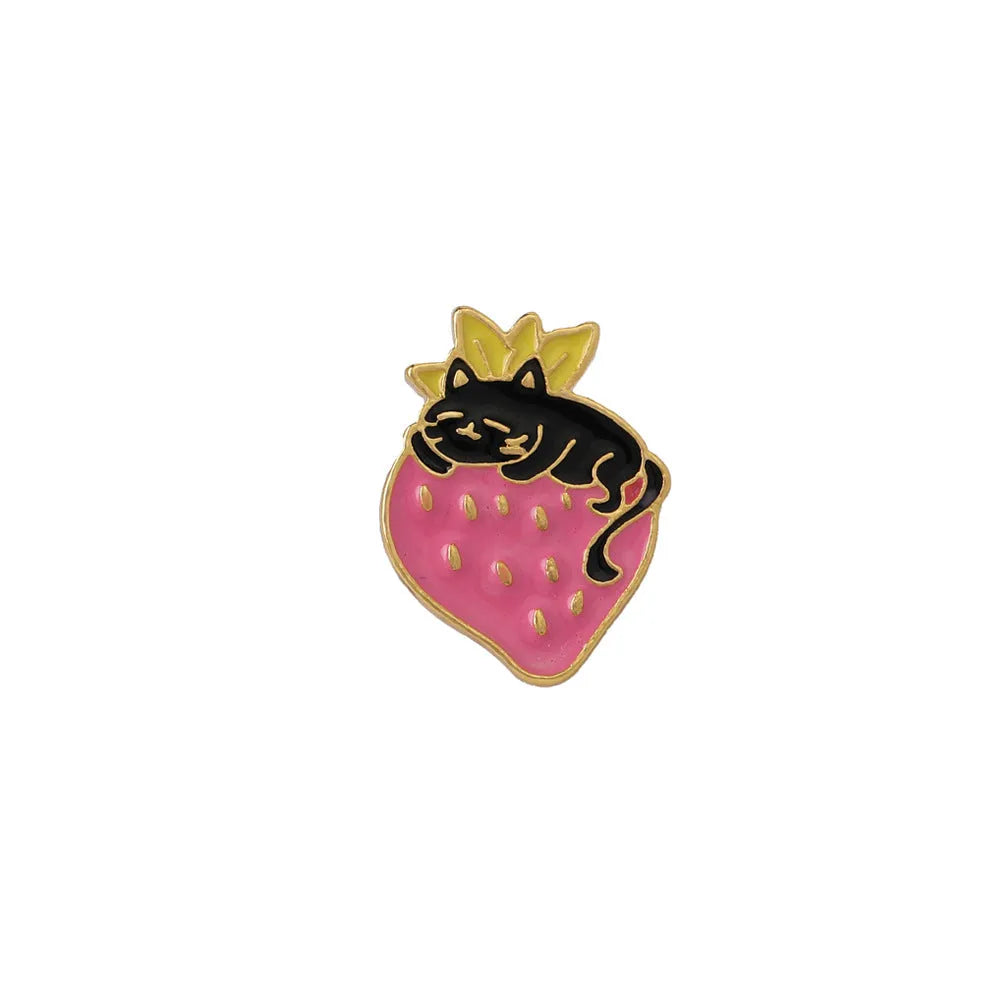 Alloy metal brooch with cat strawberry cake and dripping oil design in five colour options