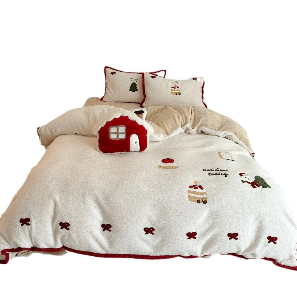 Cartoon Christmas four-piece bedding set with Xuefu Milk Pastry pattern on polyester fabric