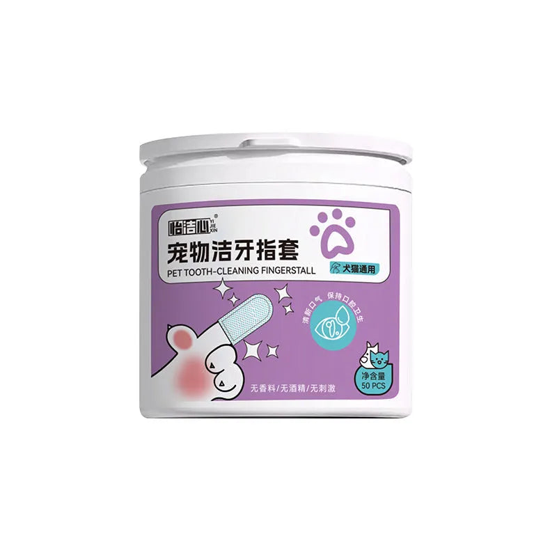 Pack of 50 non-woven pet dental cleaning finger stalls for dogs and cats.