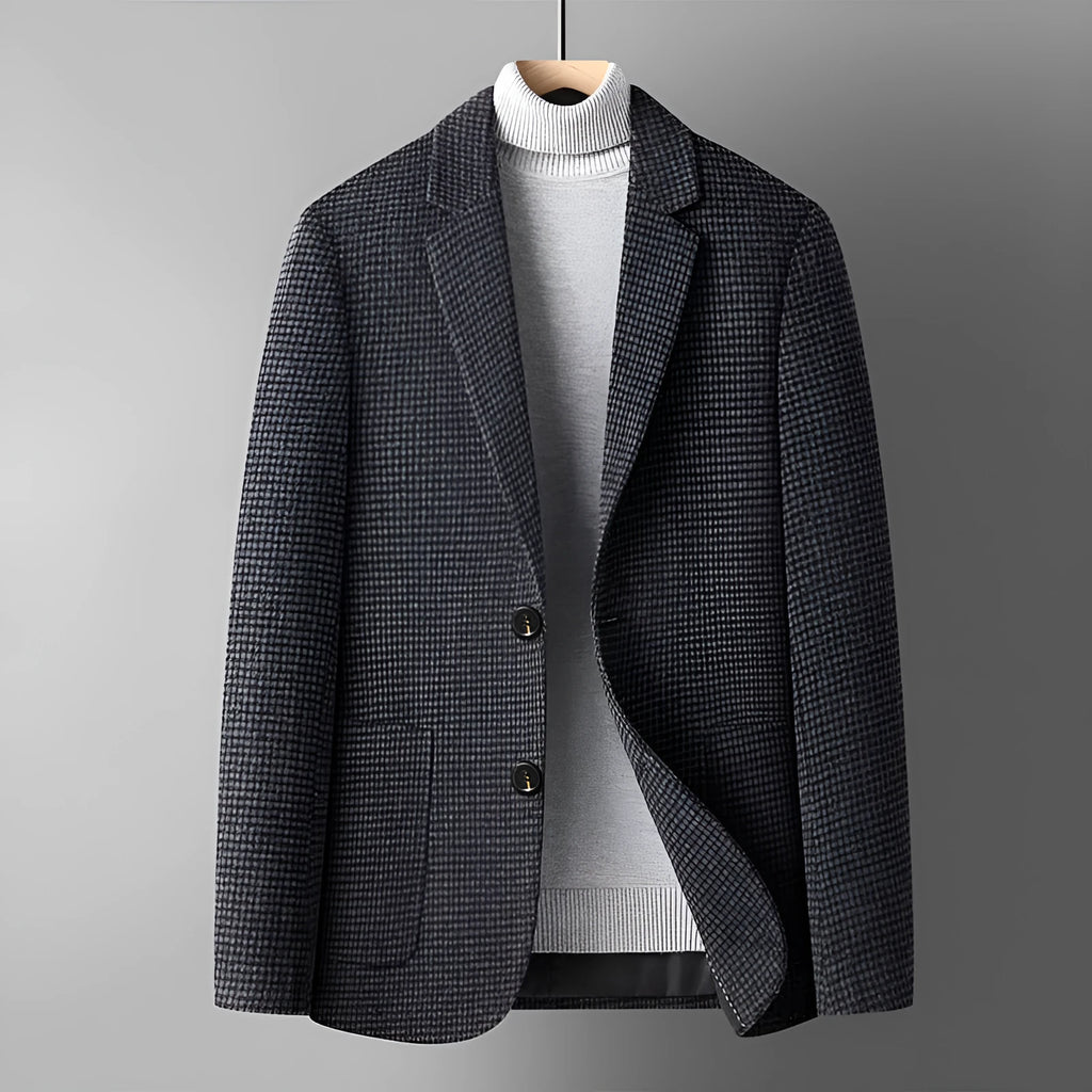 Men's slim fit wool suit jacket in grey, shown on a model, featuring a notched lapel and button front.