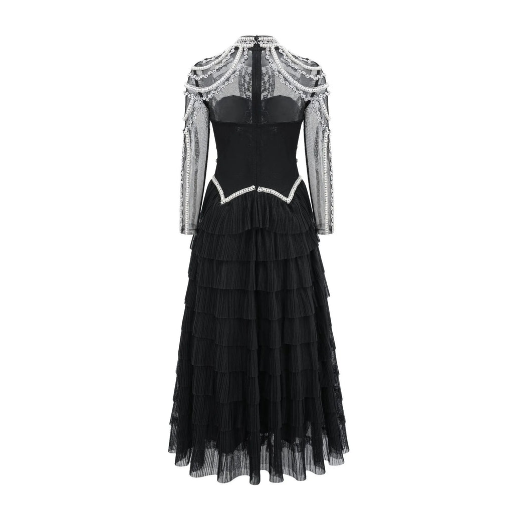 Black women's beaded long sleeve polyester dress with mid-waist and long skirt for formal occasions