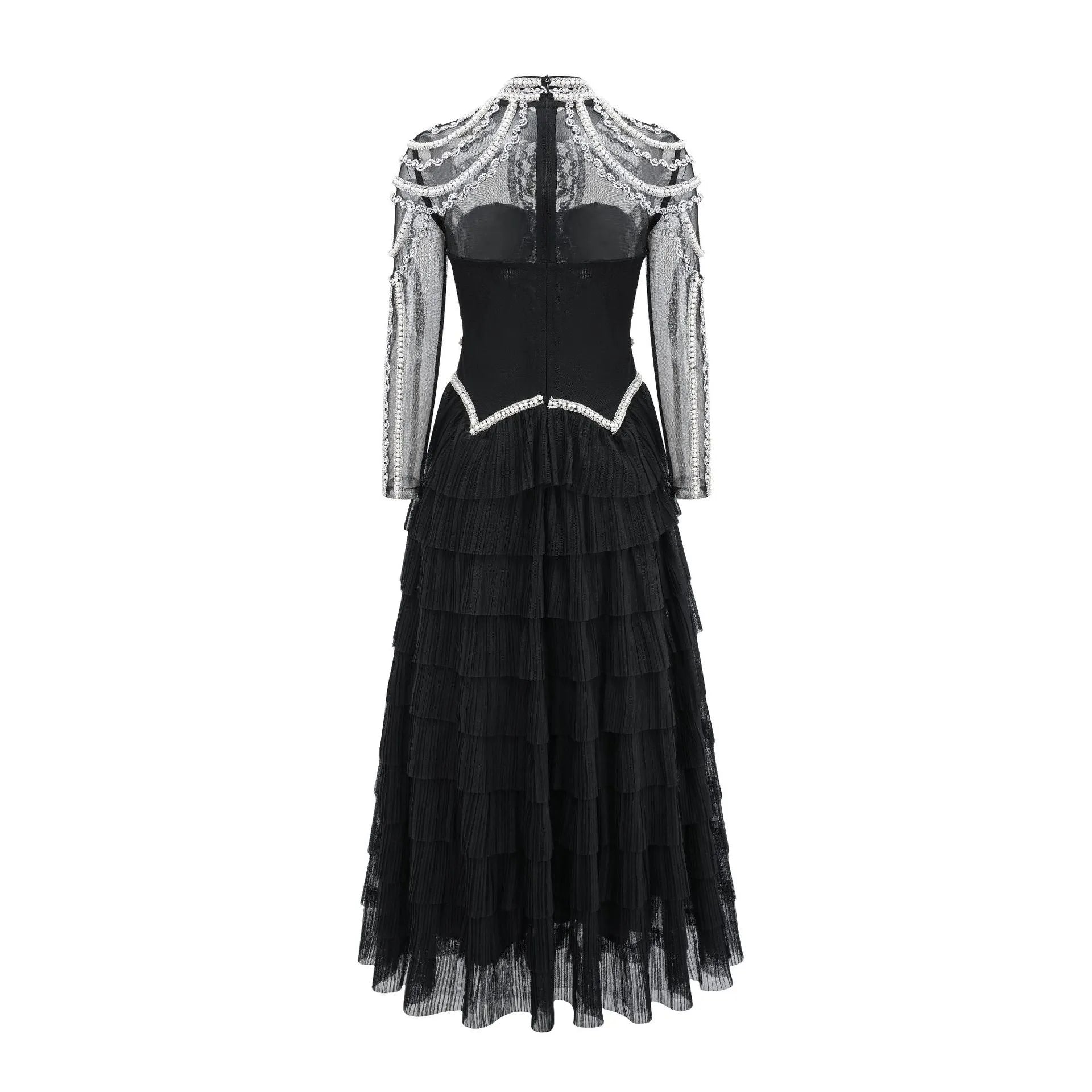 Black women's beaded long sleeve polyester dress with mid-waist and long skirt for formal occasions