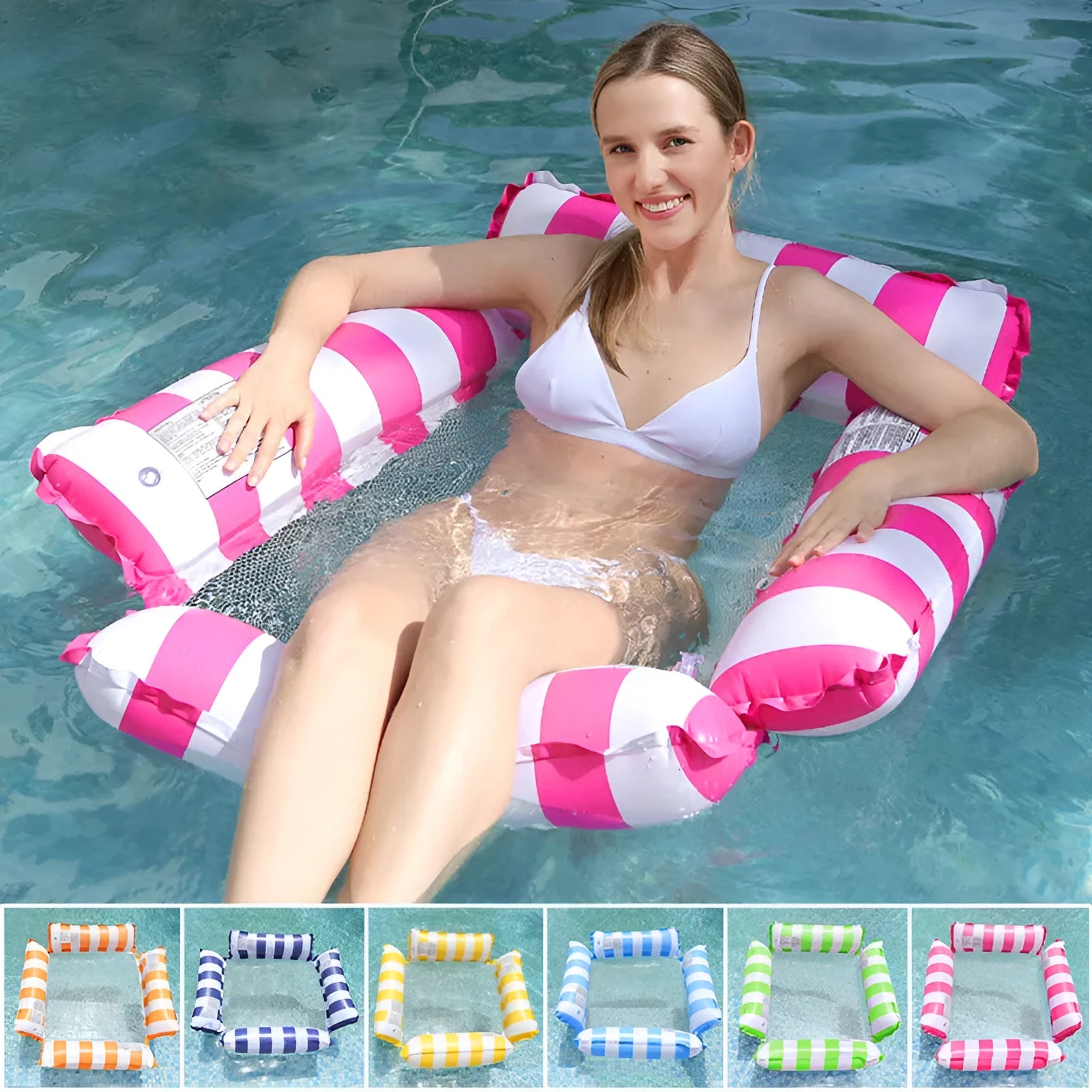 Inflatable four-tube floating deck chair with striped design and mesh seat on water.