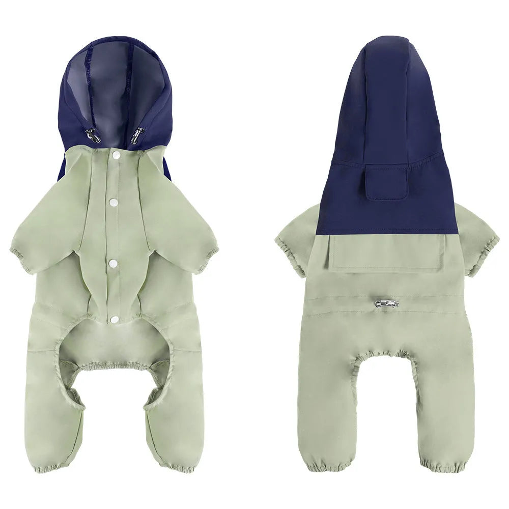 British style khaki polyester waterproof shell jacket on a small dog.
