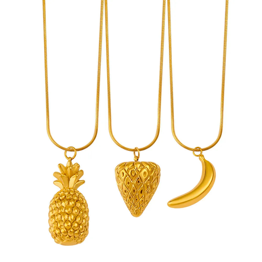 Stainless steel fruit necklace pendant showing apple, grape, watermelon, pineapple, strawberry, and banana charm designs.