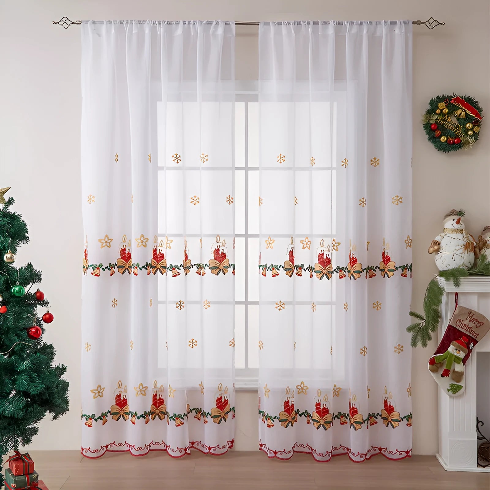 American Christmas curtains with embroidered snowflake design in semi-sunshade polyester fabric