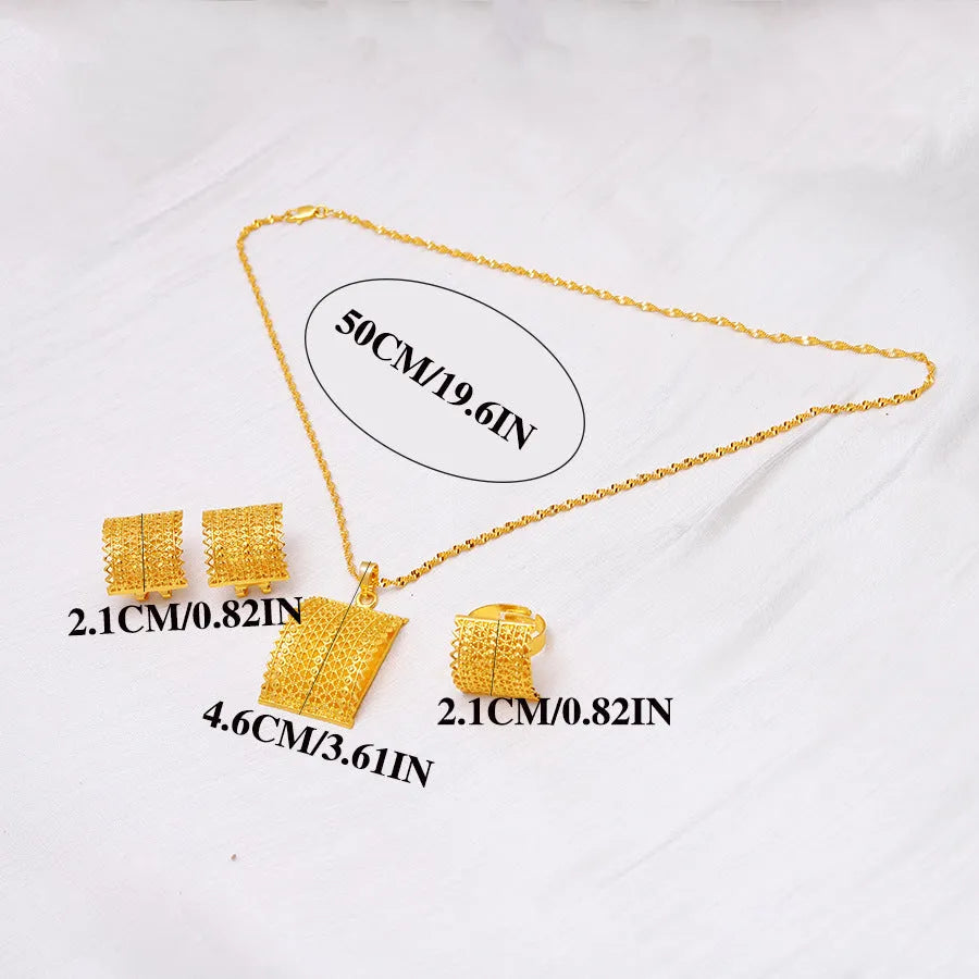 Golden copper bridal jewellery set showing necklace, earrings and ring for wedding