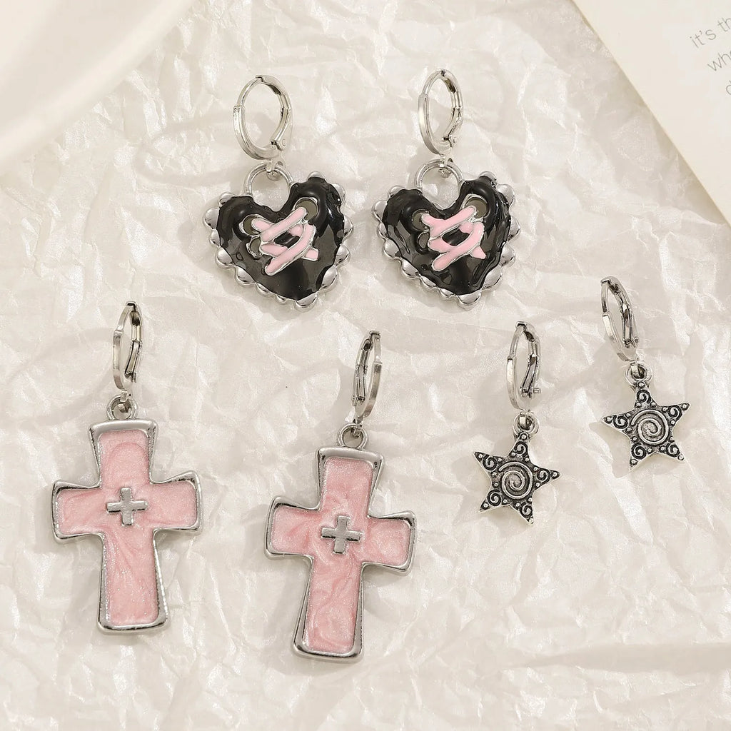 Women's alloy earrings with cross designs in white, bright black, and antique silver colour options