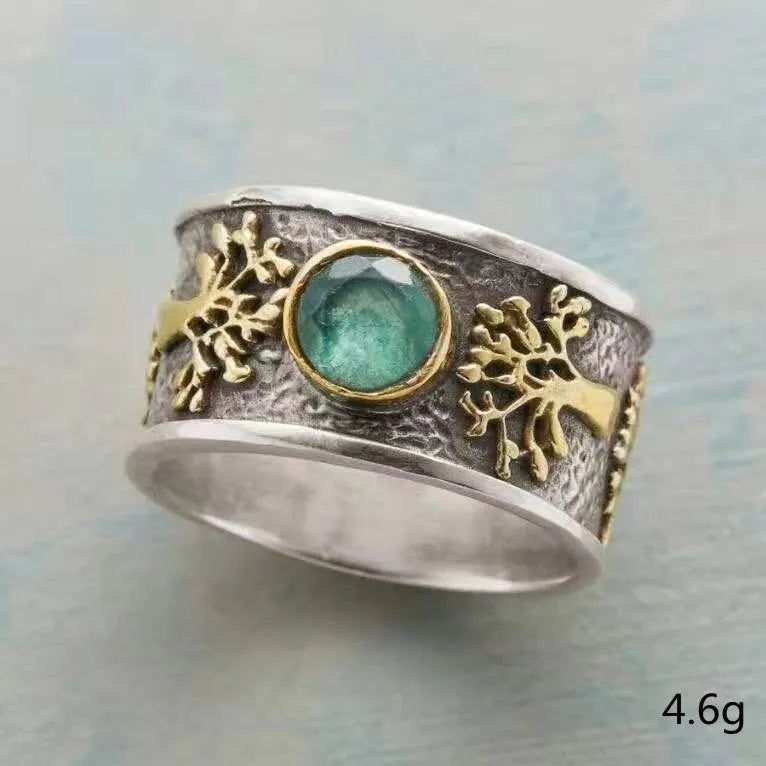 Light green vintage ring with lucky tree design and constellation details in alloy with gemstone inlay