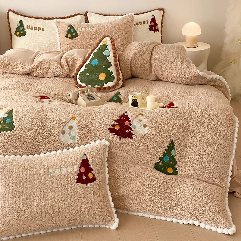 Bright yellow fleece-lined winter bedding four-piece set with cartoon animation embroidery.