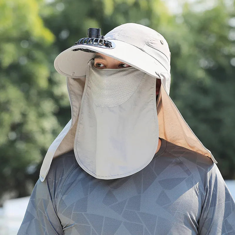 Men's sun protection hat with USB fan and integrated neck shawl in khaki colour