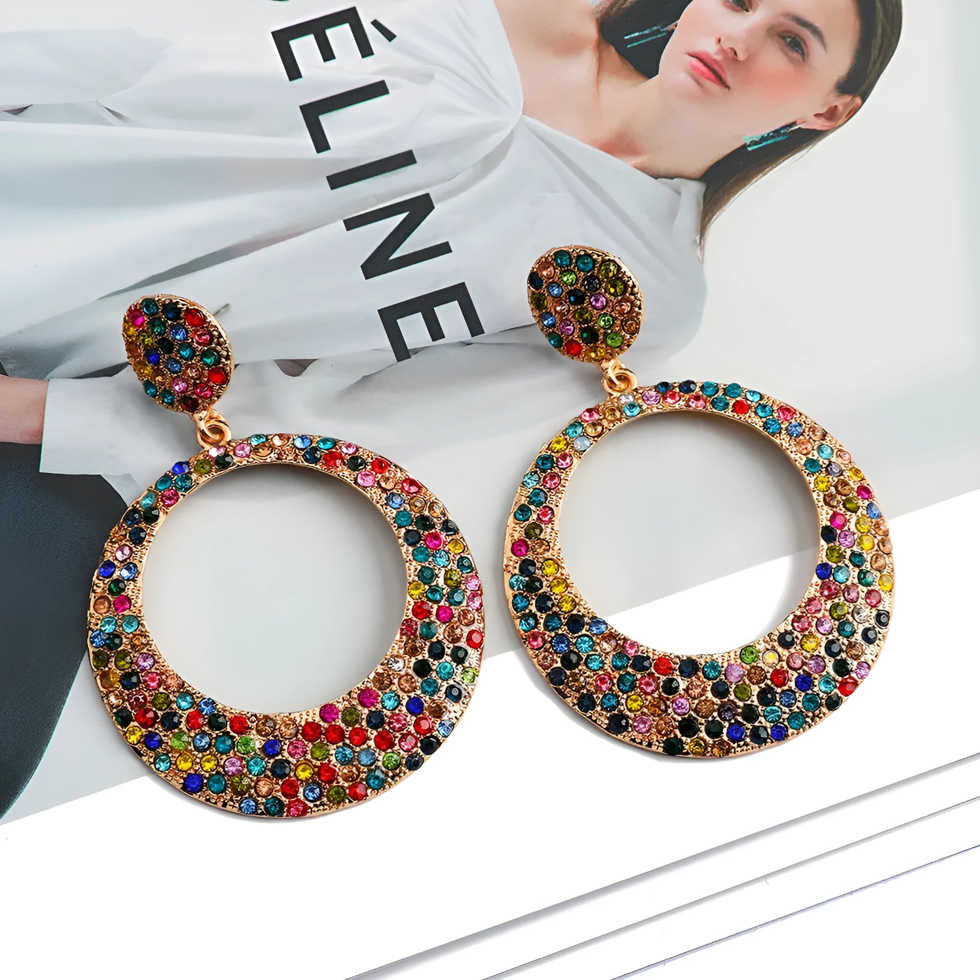 Large round pendant earrings with colourful diamond details on alloy metal, cartoon style