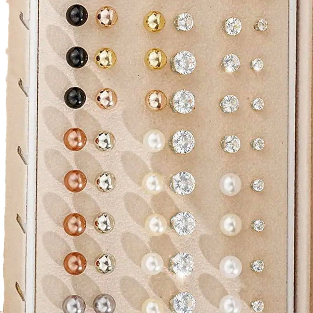 108-piece gold and yellow geometric round pearl earrings multipack on a flat surface.