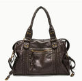 Women's French retro motorcycle style messenger bag in soft PU material with weaving detail