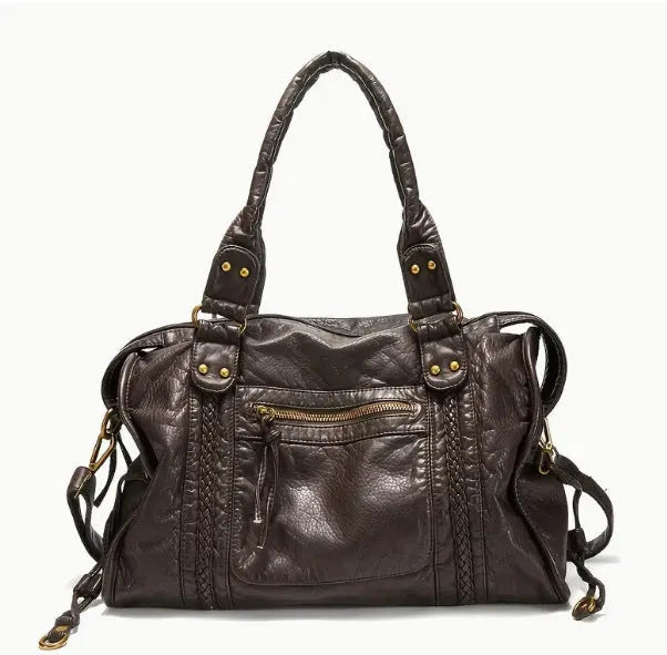 Women's French retro motorcycle style messenger bag in soft PU material with weaving detail