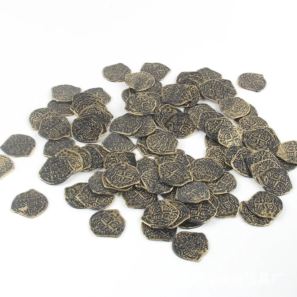 Set of 100 replica Roman pirate coins with metallic gold, silver, or bronze electroplated finish.