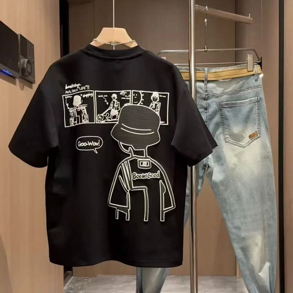 Men's slim fit cartoon print T-shirt in pure cotton fabric, shown in black colour with short sleeves