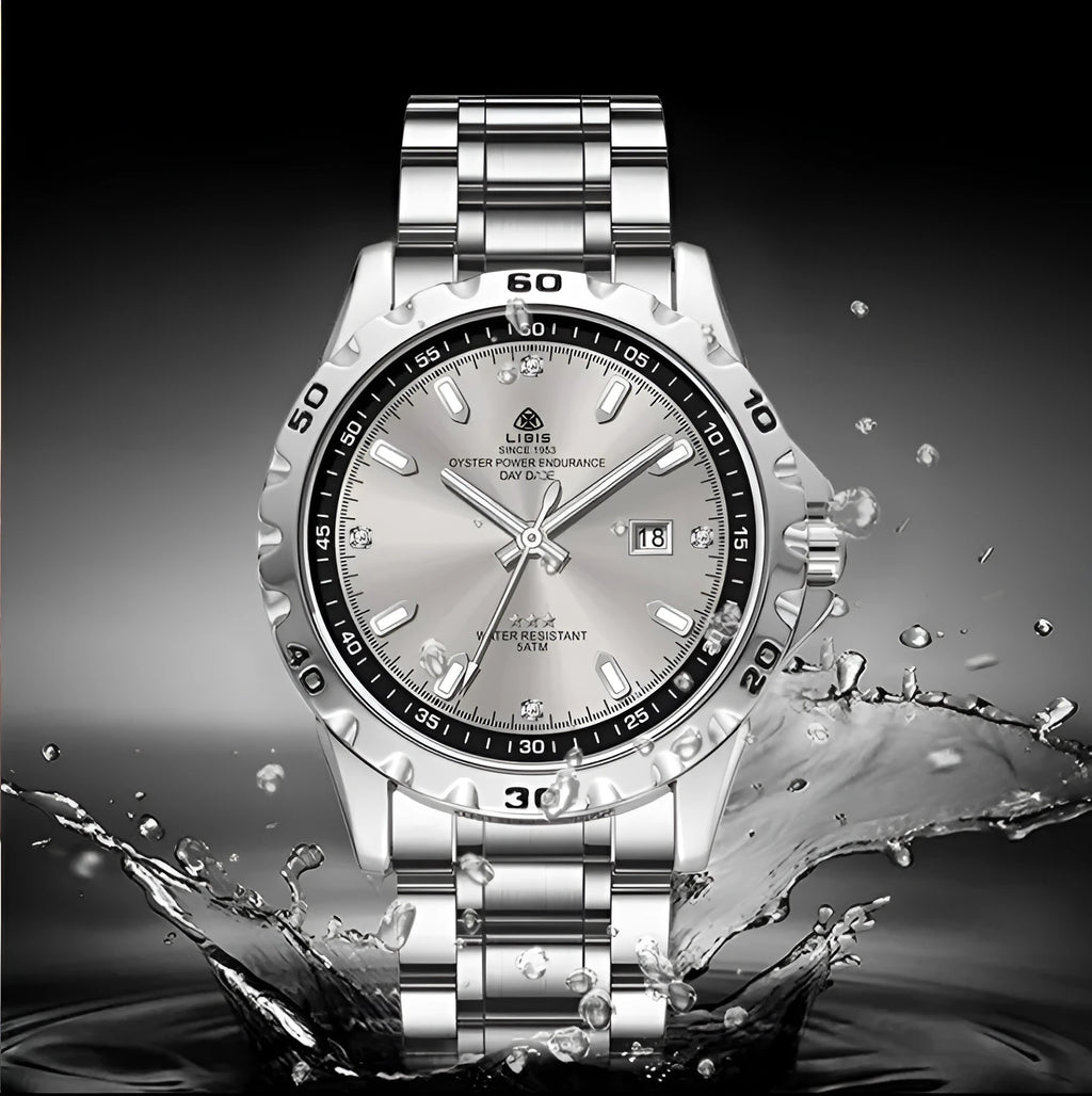 Men's silver stainless steel quartz watch with luminous hands on a black or grey dial