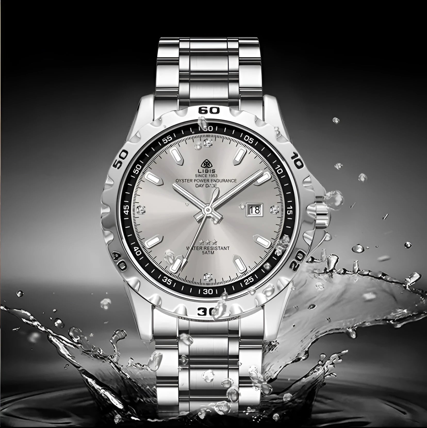 Men's silver stainless steel quartz watch with luminous hands on a black or grey dial