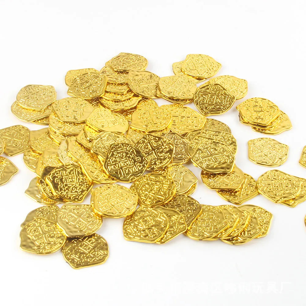 Set of 100 replica Roman pirate coins with metallic gold, silver, or bronze electroplated finish.