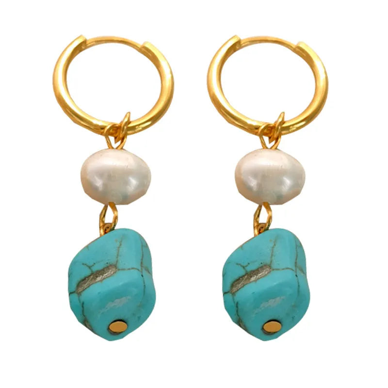 Copper geometric ear clips with irregular turquoise stones and cultured pearls, showing both short and long dangle styles