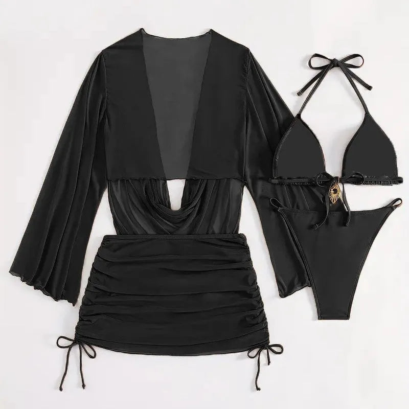 Women's dark brown lace-up bikini swimsuit, backless and sleeveless two-piece.