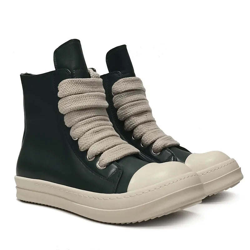 Black high-top leather casual sneakers with a side zipper and a round toe on a rubber sole.