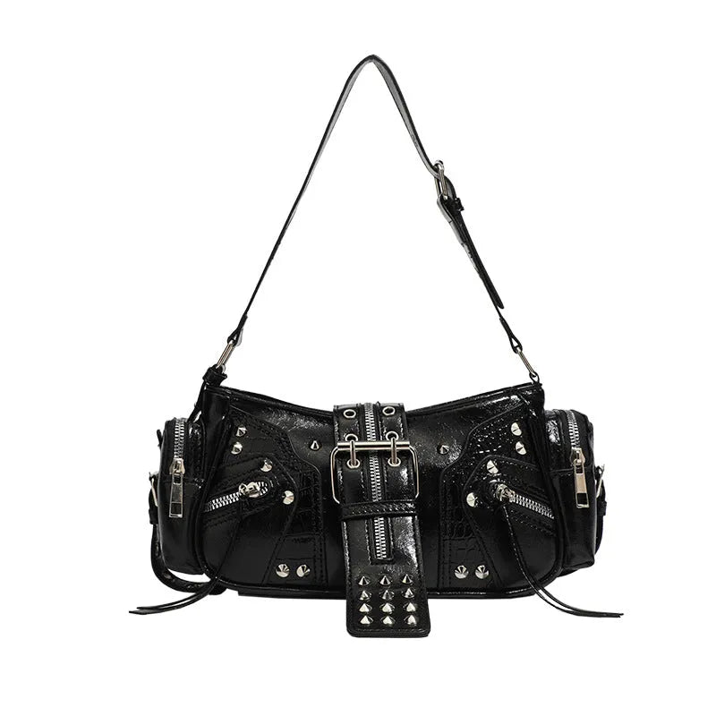 Black retro dumpling-shaped handbag with oil wax leather and multiple internal compartments