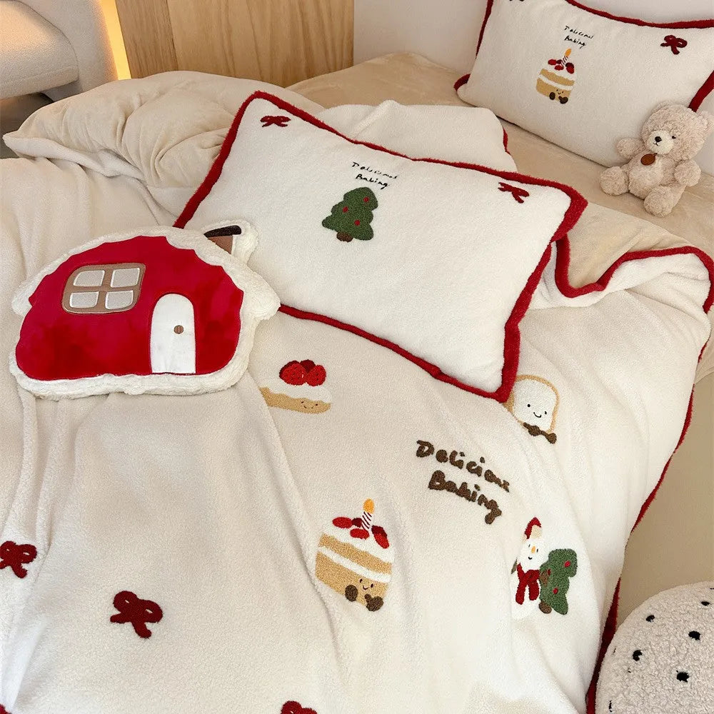 Cartoon Christmas four-piece bedding set with Xuefu Milk Pastry pattern on polyester fabric