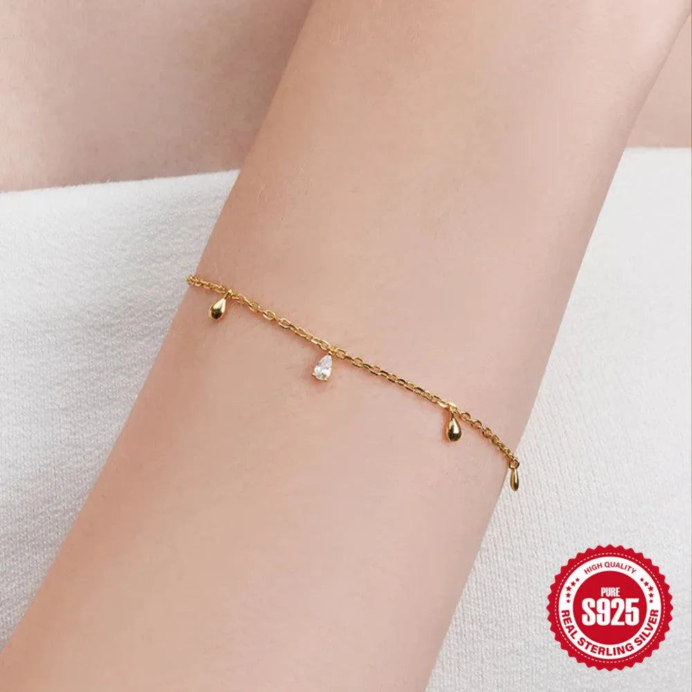 Gold colour S925 sterling silver bracelet with water drop diamond pendant geometric design