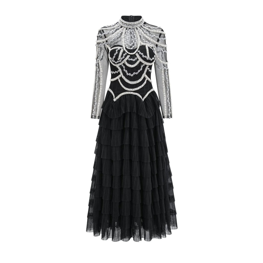 Black women's beaded long sleeve polyester dress with mid-waist and long skirt for formal occasions