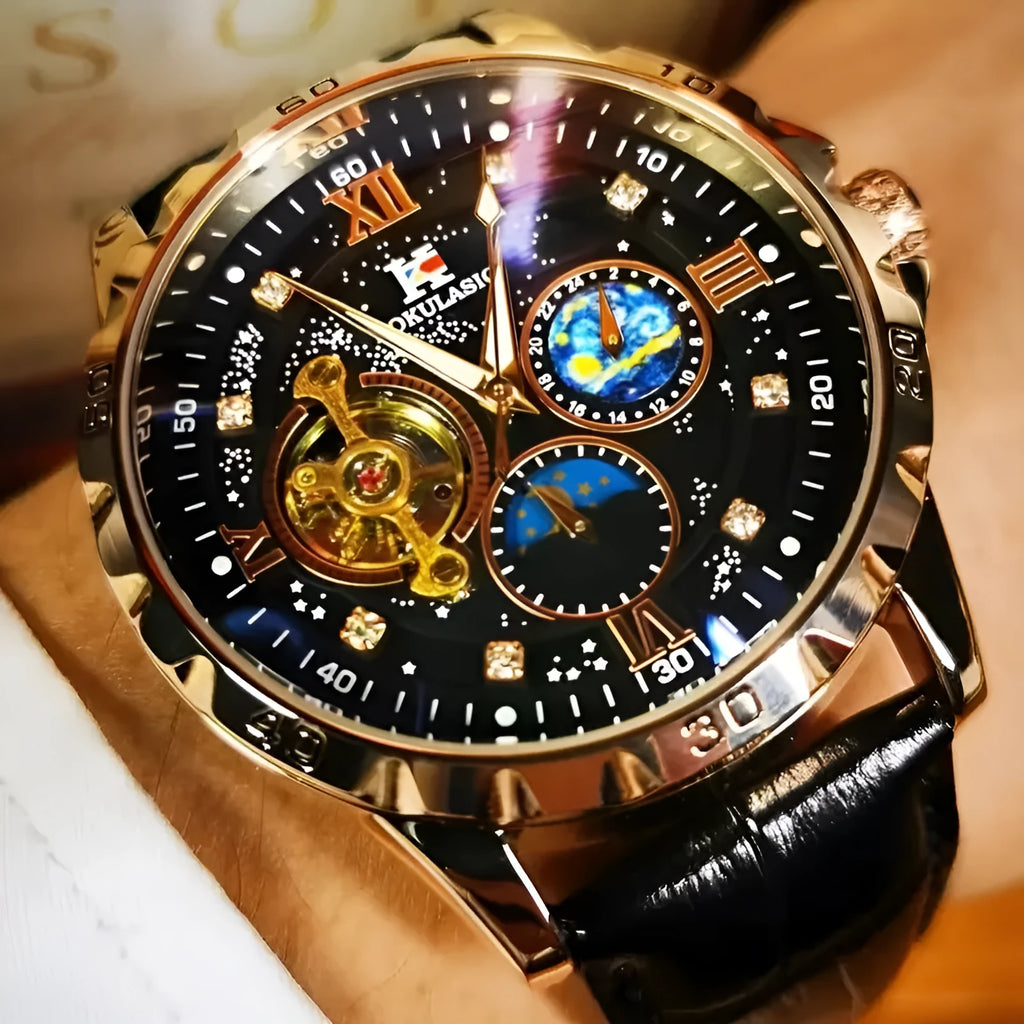 Men's black and rose gold automatic skeleton watch with a large dial and brown leather strap.