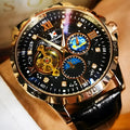Men's black and rose gold automatic skeleton watch with a large dial and brown leather strap.