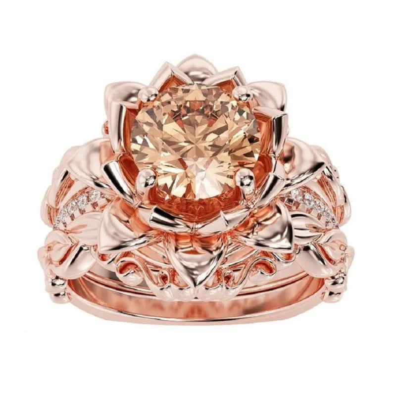 Geometric flower design ring with zircon ornaments in electroplated alloy, showing colour options.