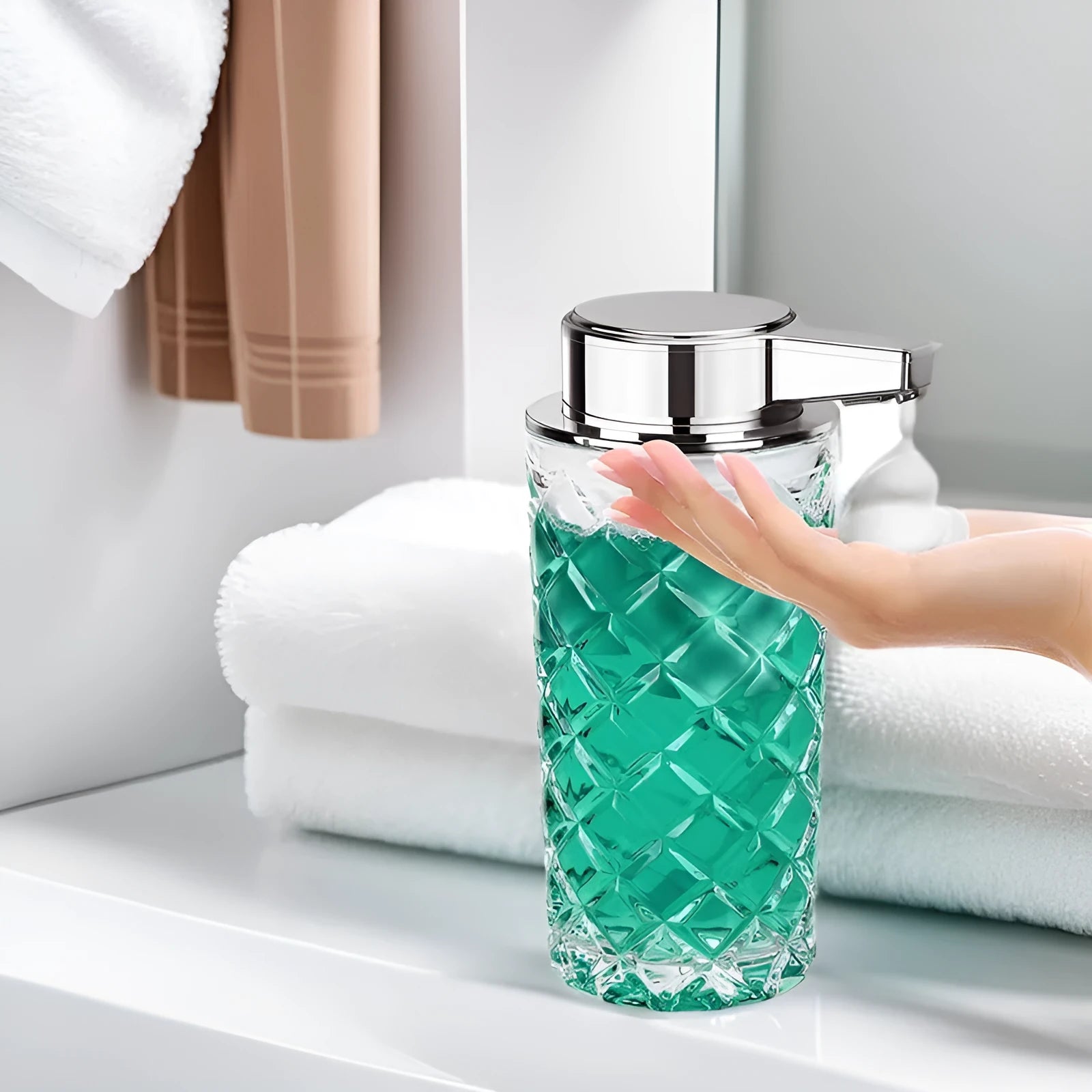 Silver automatic soap dispenser with USB type-C charging port on a bathroom counter.
