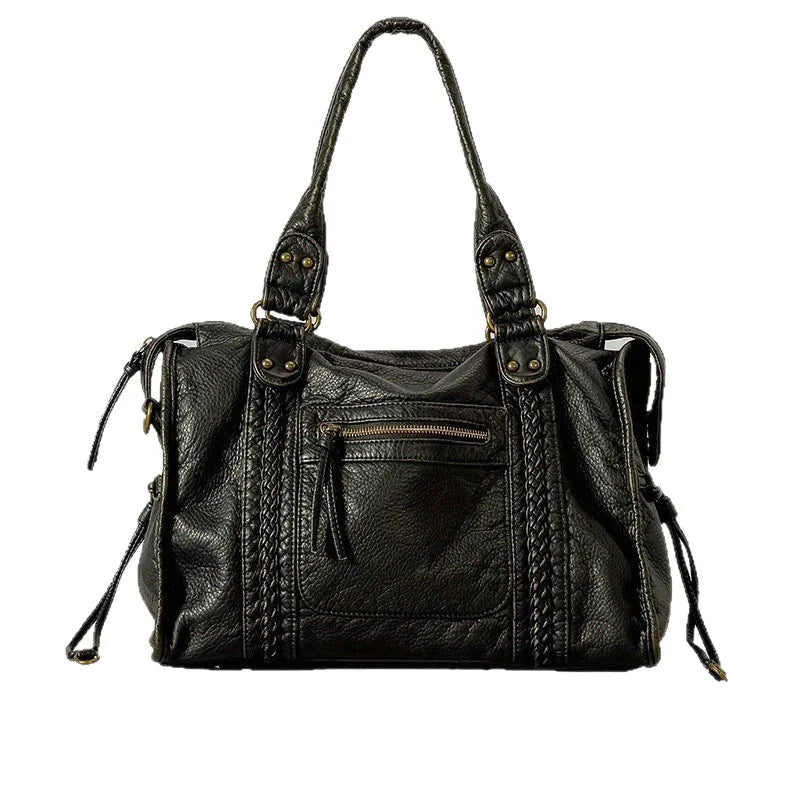Women's French retro motorcycle style messenger bag in soft PU material with weaving detail