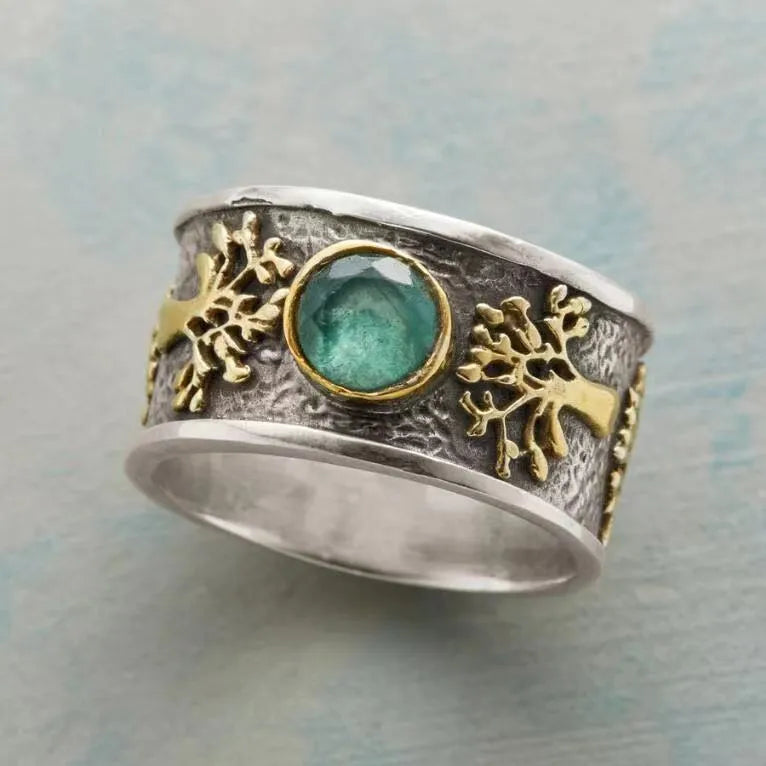 Light green vintage ring with lucky tree design and constellation details in alloy with gemstone inlay