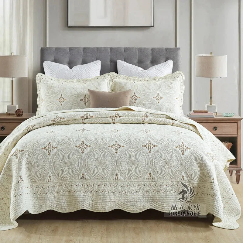 European-style embroidered cotton bed cover set for 1.8 metre beds with matching pillowcases